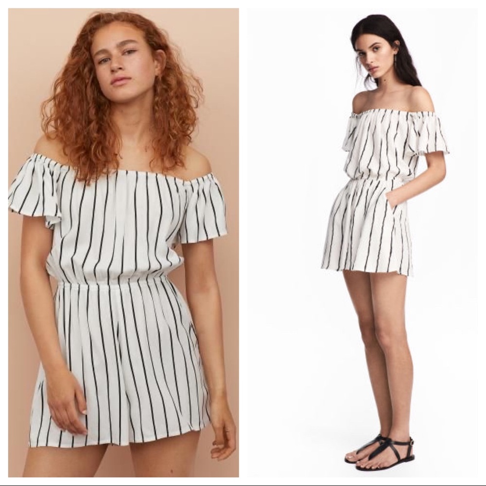 White & black striped off-shoulder romper size 10